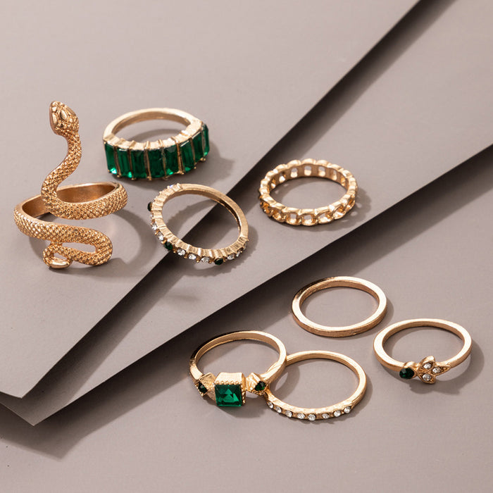 Snake-shaped green diamond ring eight-piece set geometric animal light luxury combination