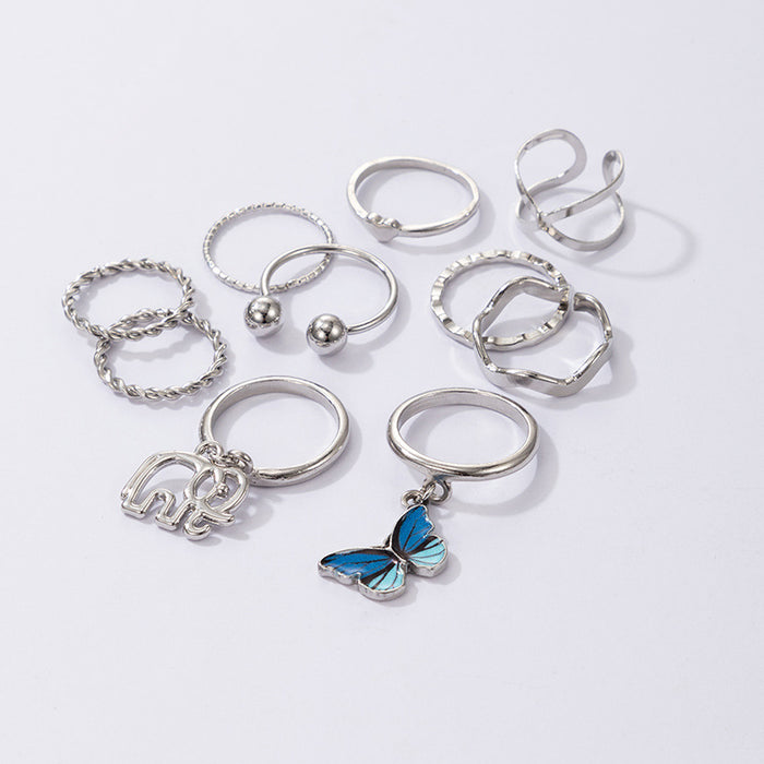 Butterfly elephant retro love 10-piece silver ring for women