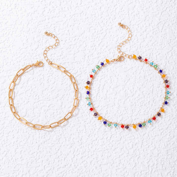 Colorful Double-Layer Beaded Anklet with Geometric Bead Chain Design