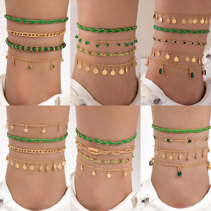 Green Rhinestone Tassel Anklet Set - Multilayer Boho Style Jewelry