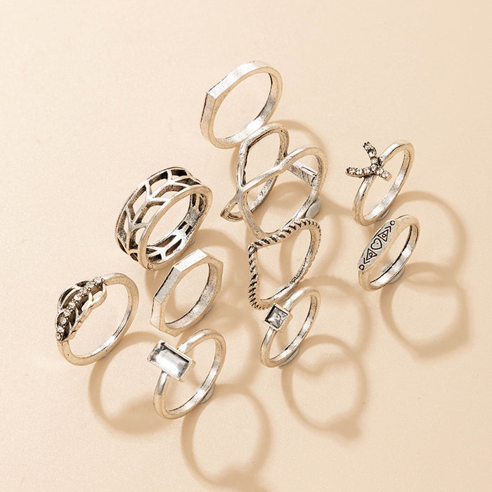 Vintage Diamond Leaf Letter Y Ring 10-Piece Set