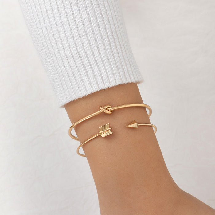 Knotted Arrow Bracelet Set - Two-Piece Silver Triangle Jewelry