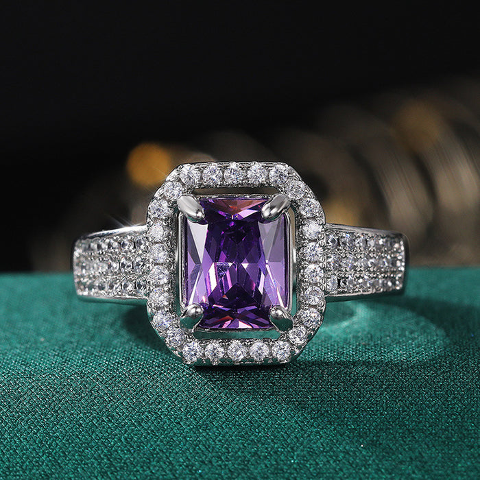 Anillo cuadrado de doble capa con topacio y diamante morado