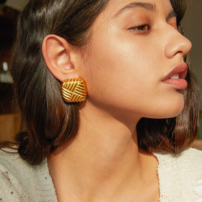 New 18K Gold Stainless Steel Knit Pattern Earrings - INS Style Geometric Jewelry