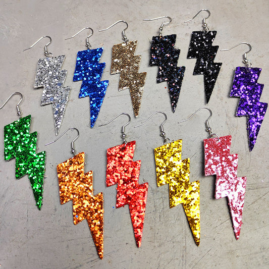 Carnival Style Glitter Lightning Leather Earrings with Bold Design