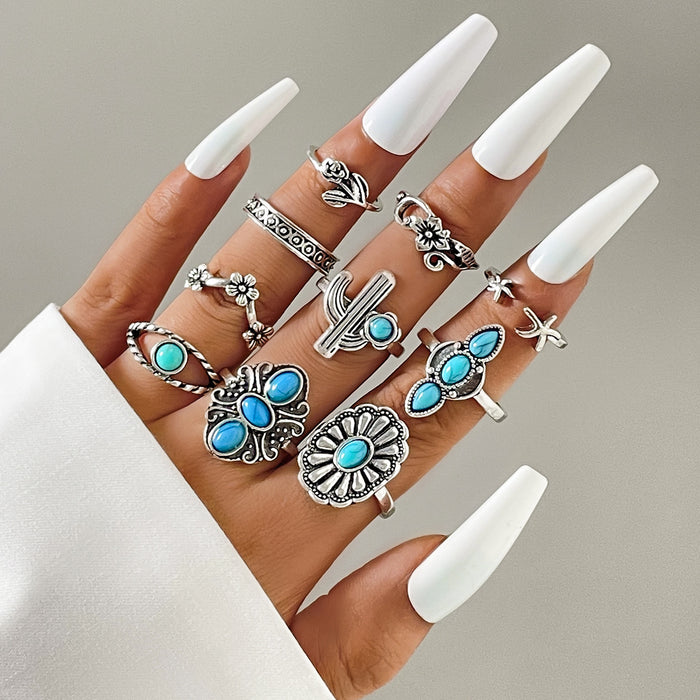 Ethnic Turquoise Ring Set - 10pcs Vintage Cactus Feather Rings