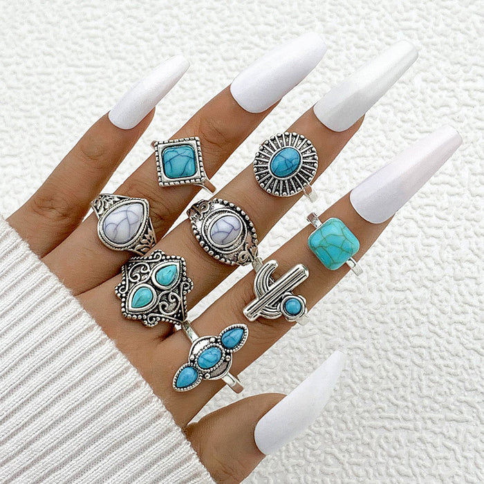 Vintage Turquoise Cactus Ring Set - 8pcs Ethnic Style Open Rings