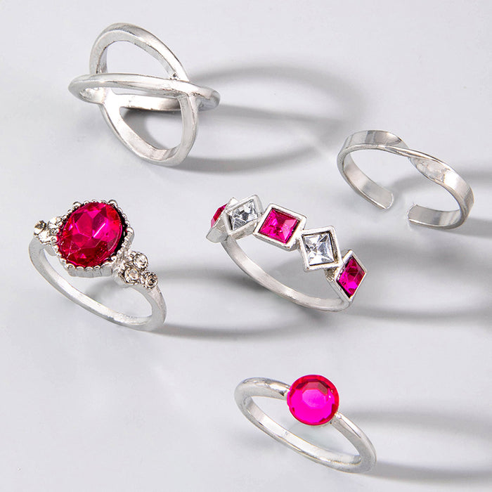 Luxury Gemstone Rhinestone Ring Set - Retro Geometric Open Five-Piece Set