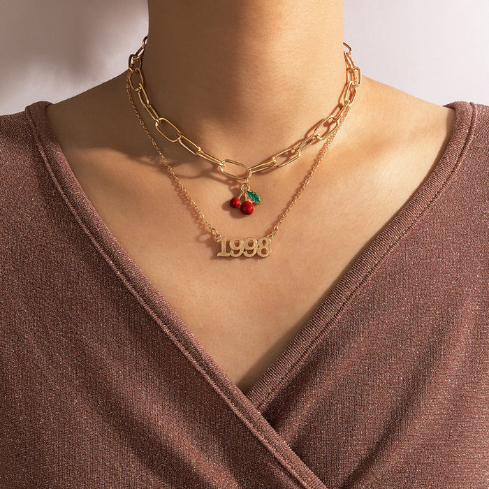 Number and Cherry Double Layer Necklace with Geometric Fruit Pendant Design