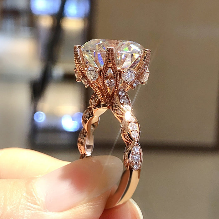 Rose gold plated flower zircon ring fashion engagement ring