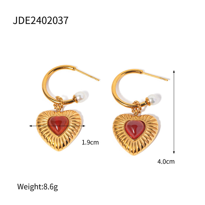 Collar de acero inoxidable con forma de corazón de ágata roja y colgante de perla en oro de 18 quilates - Joyería de moda para mujer