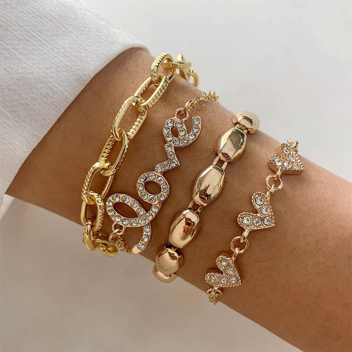 Juego de pulseras de múltiples capas con corazón de diamantes de imitación de lujo: joyería creativa con letras de amor para mujeres