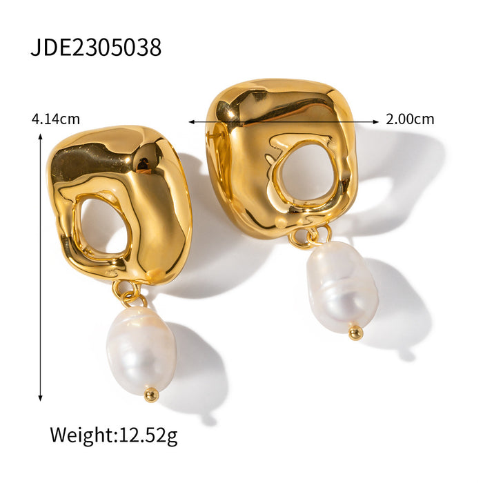 18K Gold Stainless Steel Pearl Earrings - Irregular Pendant Design Jewelry