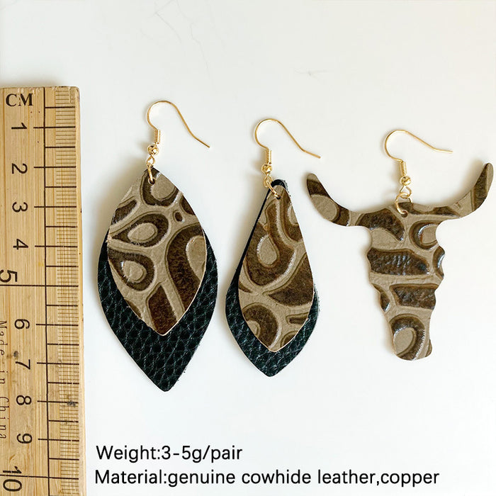 Vintage Embossed Cowhide Earrings with Turquoise and High-Quality Texture