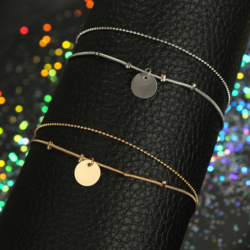 Minimalist Ins-Style Beach Round Pendant Multi-Layer Anklet in Gold and Silver