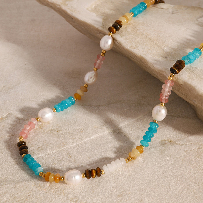 Colorful beaded pearl clavicle necklace, natural stone retro design necklace