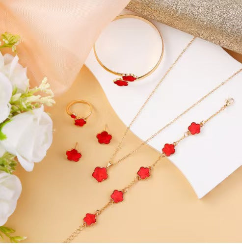 Wholesale 5-piece set of five-petal flower necklace, bracelet, bangle, earrings, and ring - wallojewerly 