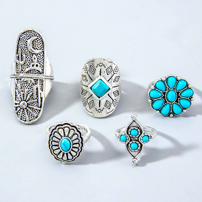 Vintage Totem Flower Turquoise Ring Set - 5pcs Unique Knuckle Rings