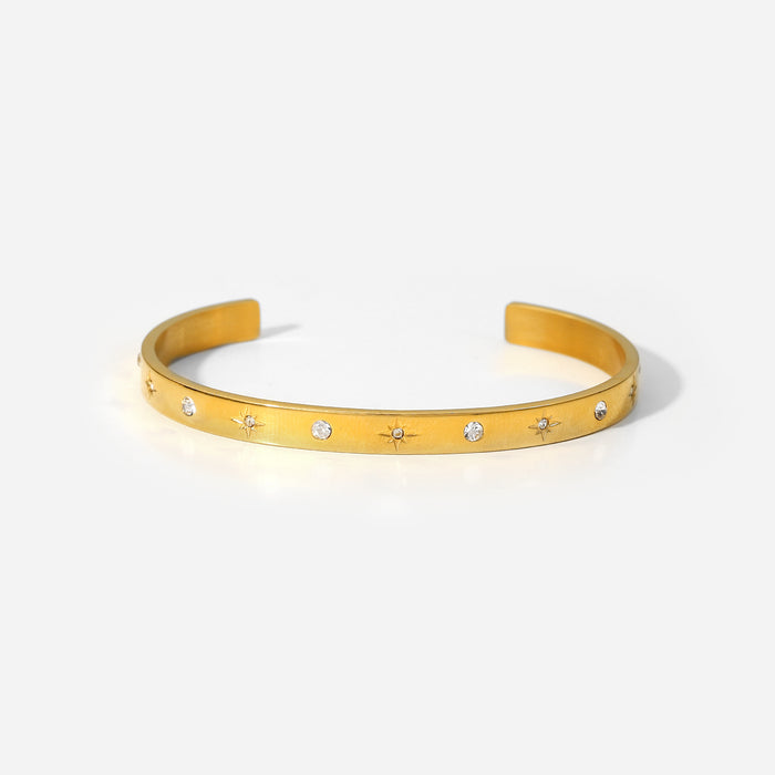 Vintage Style 18K Gold Plated Stainless Steel Cuff Bracelet - Eight-Pointed Star and Zircon Design