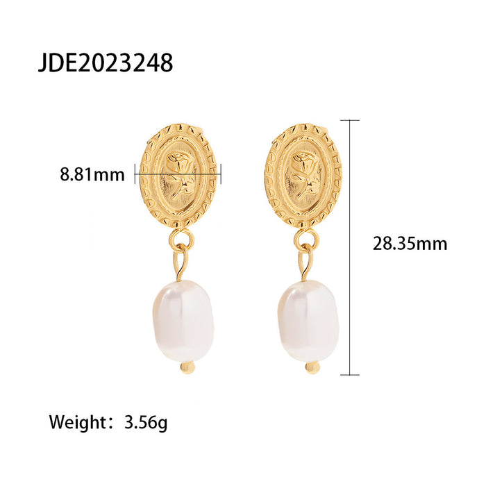 18K Gold Plated Stainless Steel Earrings - Rose Relief Pendant Design Jewelry