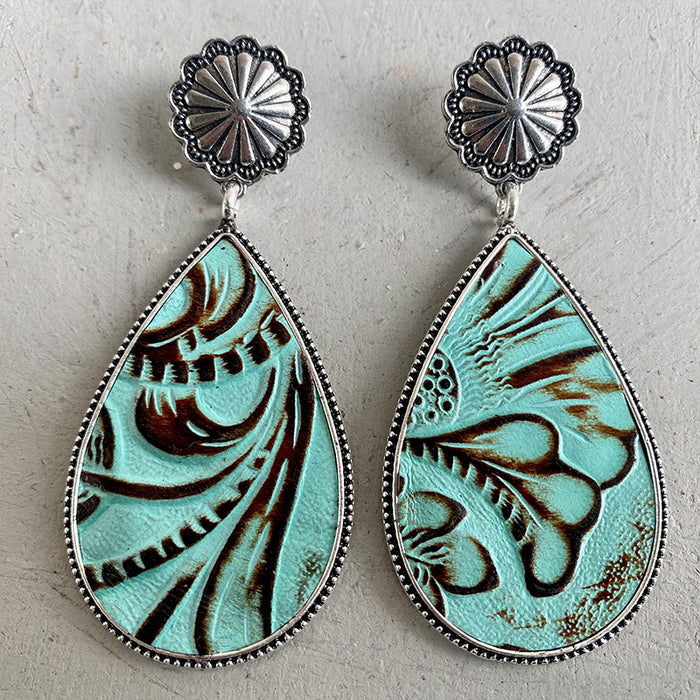 Western Embossed Leather Earrings with Bohemian Floral and Pumpkin Flower Design