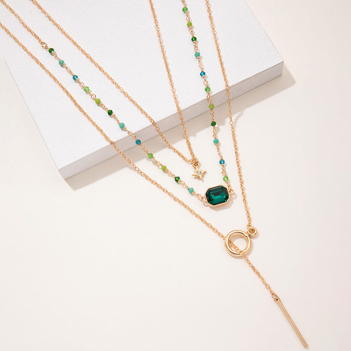 Triple Layered Geometric Gemstone Necklace - Vintage and Chic Design