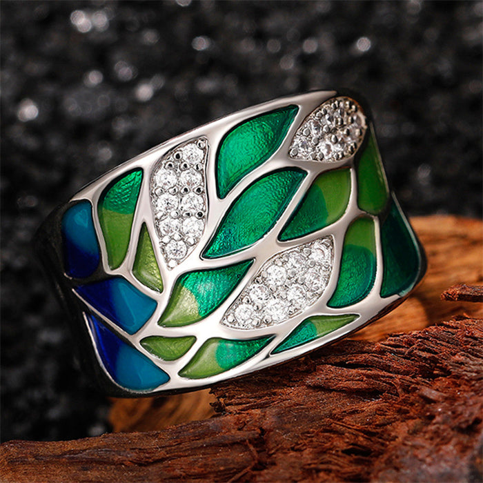Imitation enamel dripping glue ring colorful leaf style European and American style ring jewelry