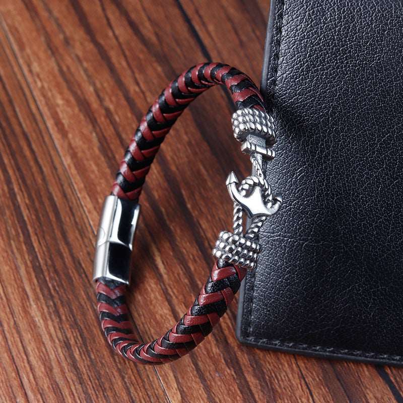 Bracelet Stainless Steel Anchor Vintage Braided Genuine Leather