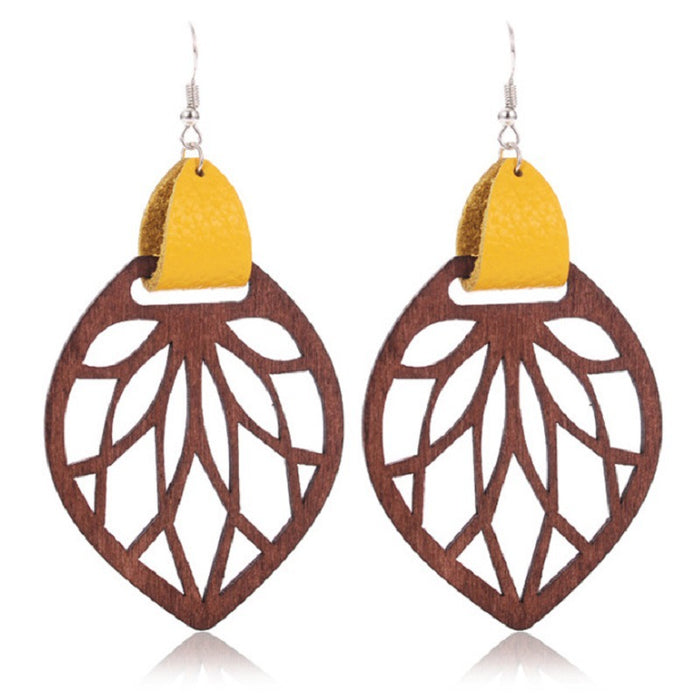 Wooden hollow leaf earrings