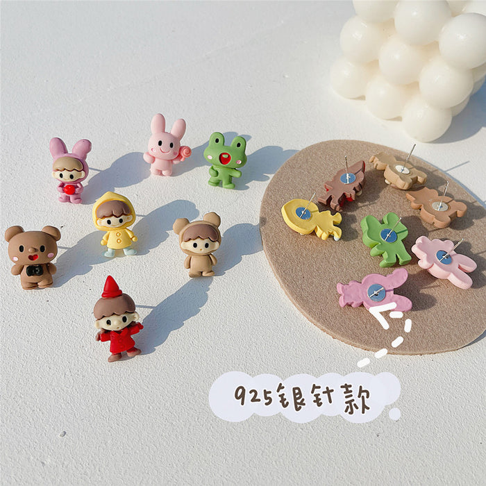 Cartoon rabbit bear earrings S925 silver needle soft cute earrings