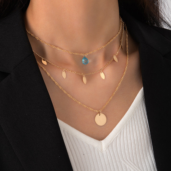 Water Drop & Leaf Layered Necklace - Minimalist Multi-Layer Chain for Women