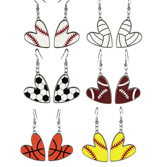 Heart Shaped Leather and Metal Earrings with Sports Season Design