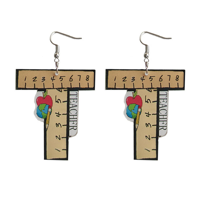 Leopard Print Teacher Earrings with Apple, Rainbow, and Pencil Designs