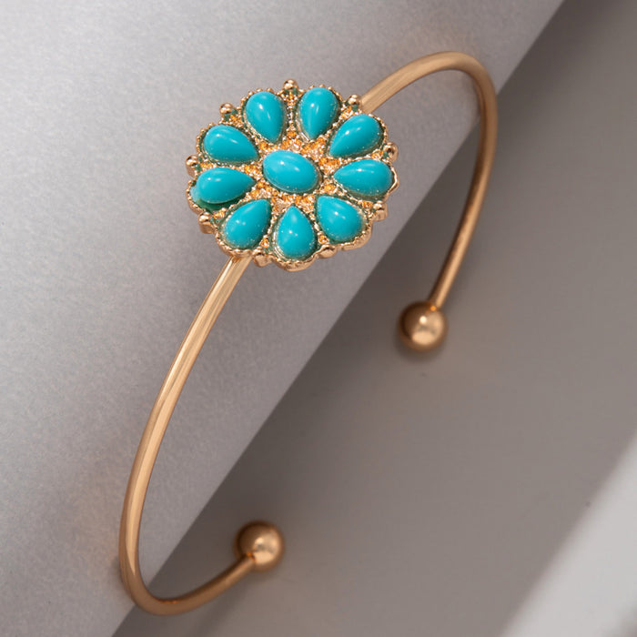 Turquoise Flower Rhinestone Bangle - Single Bracelet with Open Cuff Design