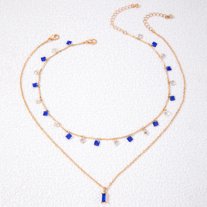 Simple Colorful Rhinestone Tassel Necklace with Sapphire Pendant