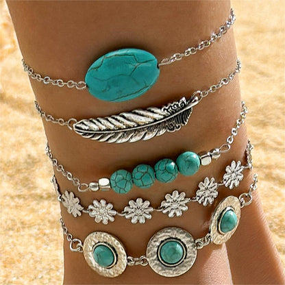 Bohemian Turquoise Leaf and Butterfly Bracelet Set – Ethnic Flower Jewelry