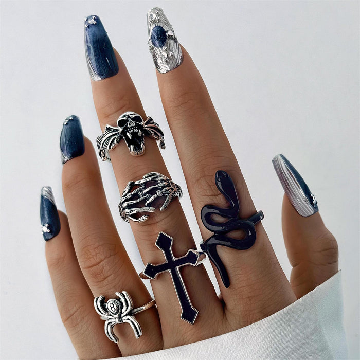 Retro Punk Cross Snake Ring Set - Dark Spider Skull Five-Piece Set for Women