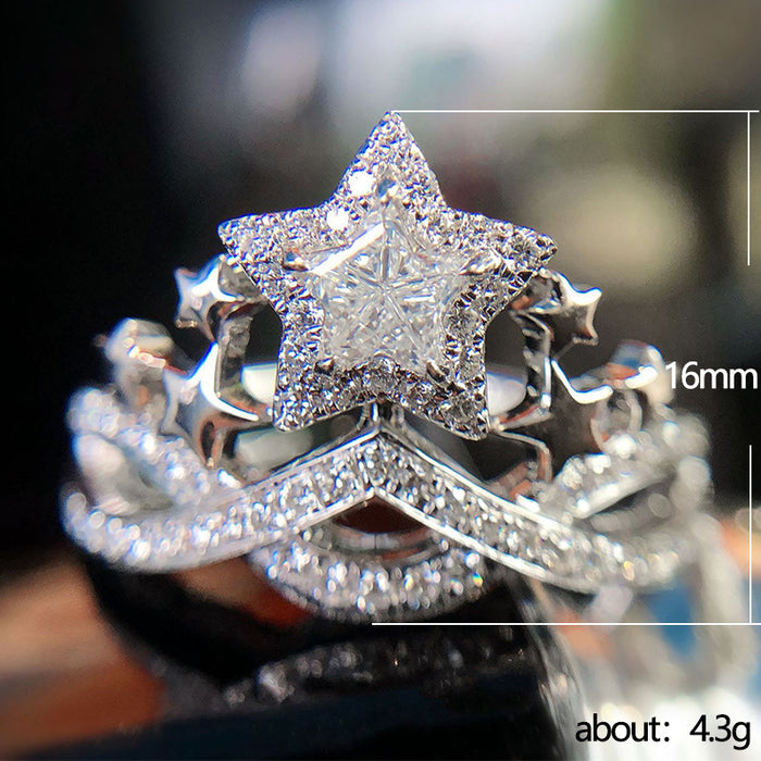 Anillo de circonita con estrella de cinco puntas, anillo de lujo con corona para mujer