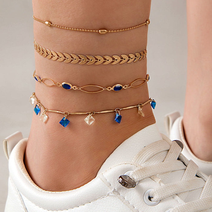 Chic Bohemian Heart Anklet Set – Multi-Layer Chains with Rhinestone Accents