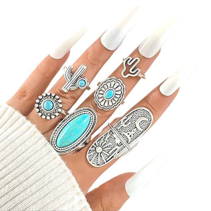 Turquoise Ring Set - 6pcs Vintage Cactus Moon Knuckle Rings