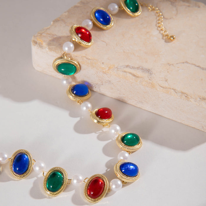 Baroque Pearl Necklace with Colorful Oval Pendant