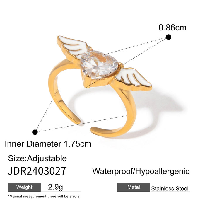 Anillo abierto de acero inoxidable con forma de corazón y alas de ángel y circonitas en oro de 18 quilates (nuevo diseño)