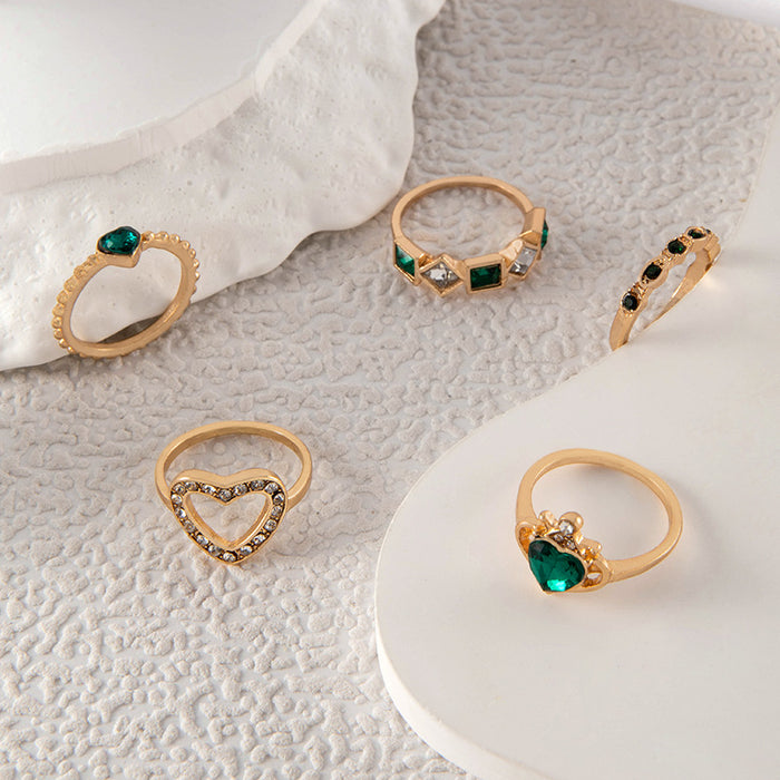 Luxury Emerald Heart Rhinestone Ring Set - Simple Five-Piece Set for Women