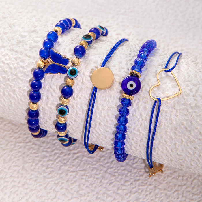 Handcrafted Blue Evil Eye Beaded Bracelet Set - Creative Butterfly Heart Jewelry