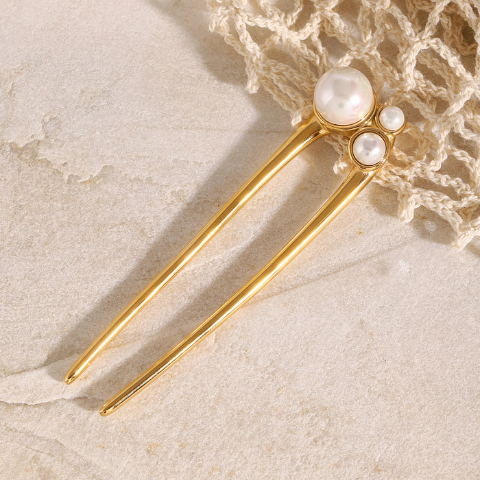 18k gold pearl hairpin, niche titanium steel headdress