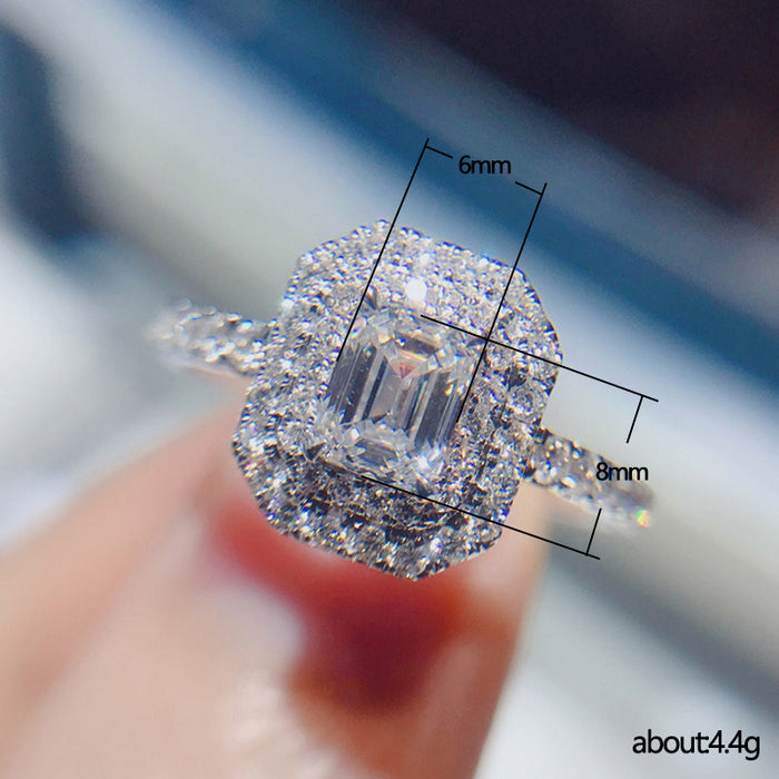 Anillo de platino con circonita cuadrada de moda y anillo de compromiso lleno de diamantes