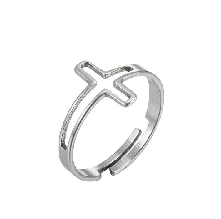 Fashionable simple hollow cross ring, stainless steel adjustable open ring wholesale