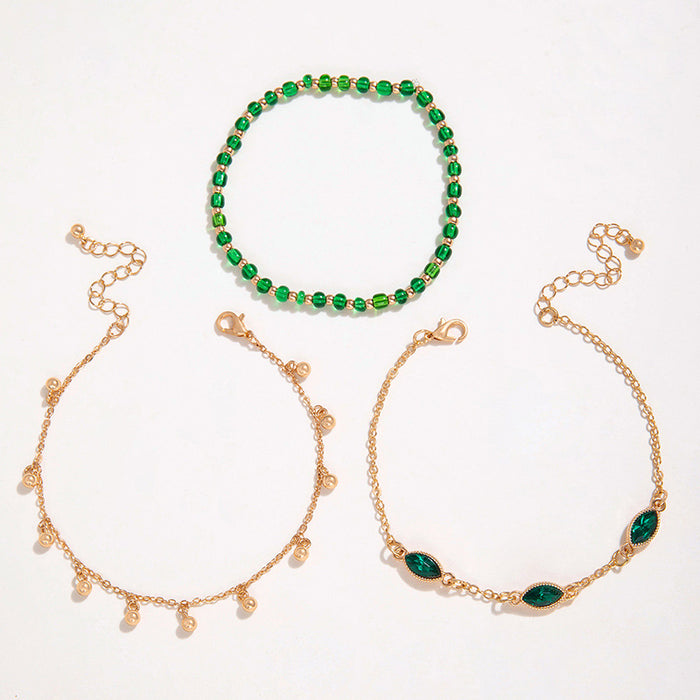 Green Gemstone and Tassel Beaded Anklet Set - Ethnic Style Layered Anklets