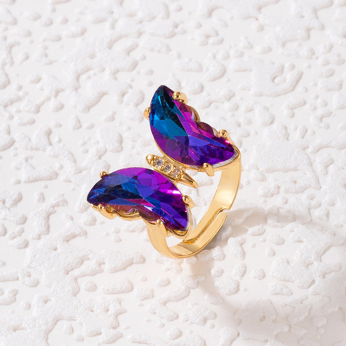 Imitation crystal butterfly colorful diamond ring set