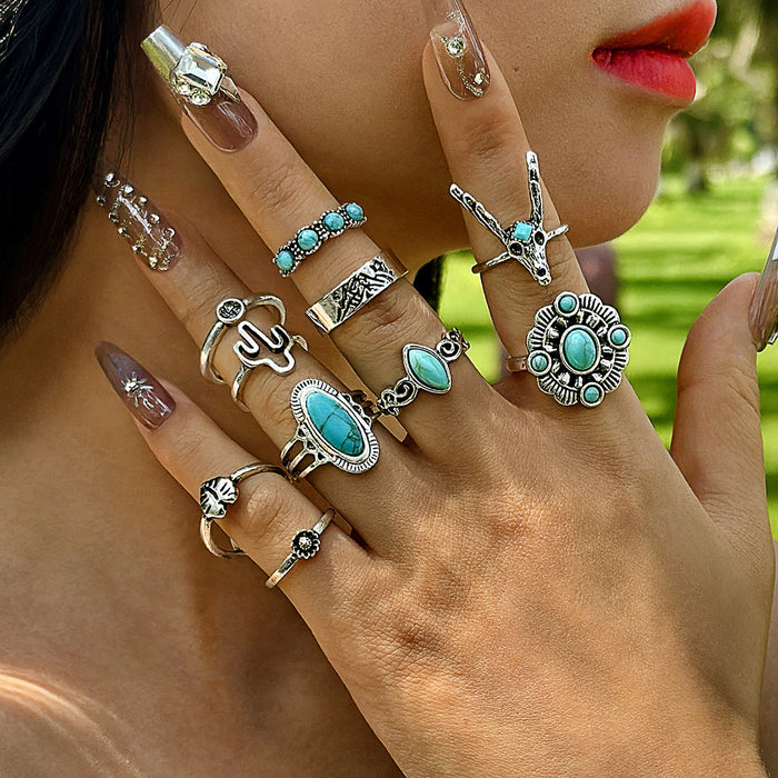 Turquoise Cactus Heart Rings - 10pcs Set